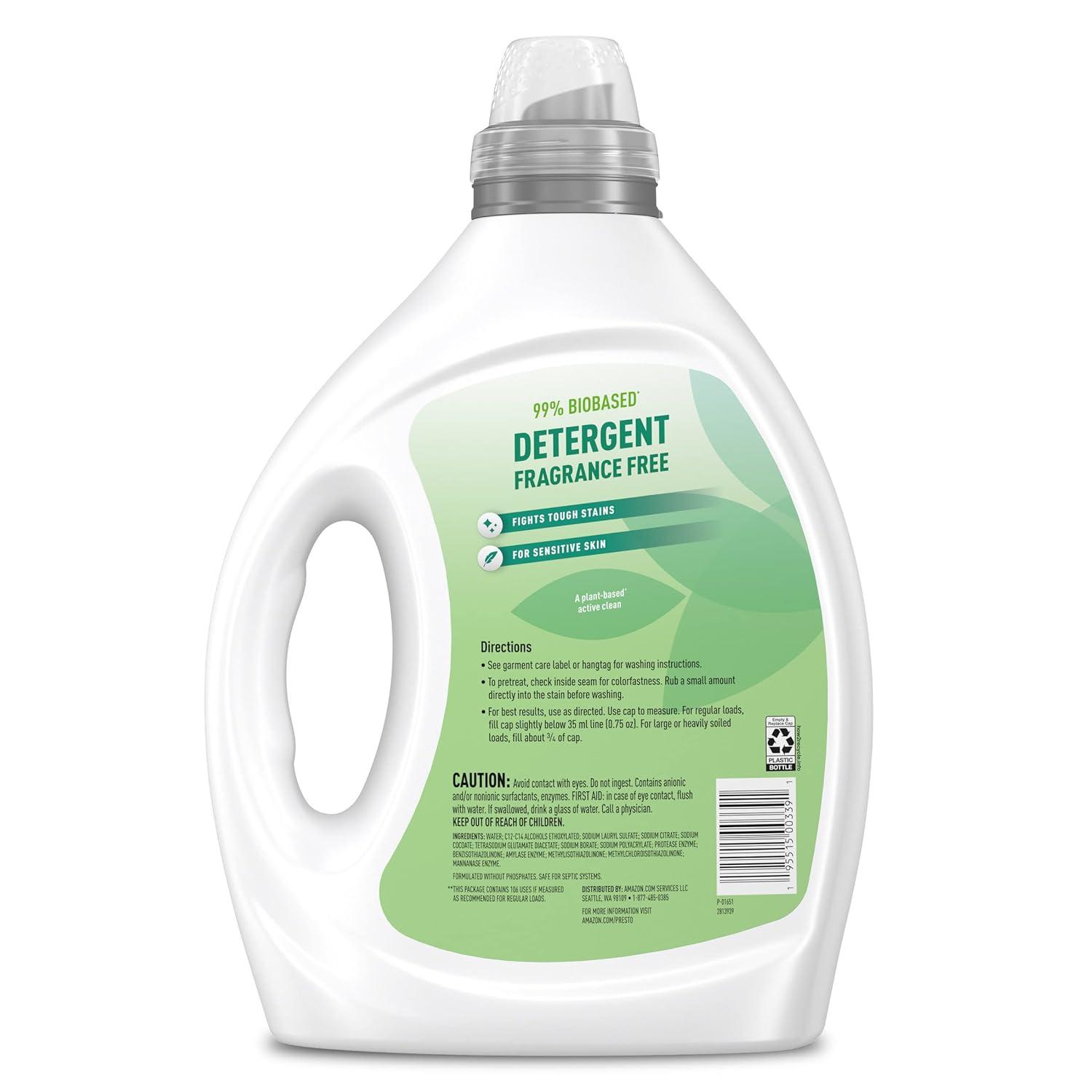 imageAmazon Brand Presto 99 Biobased Concentrated Liquid Laundry Detergent Fragrance Free 106 Count 795 fl oz Pack of 1
